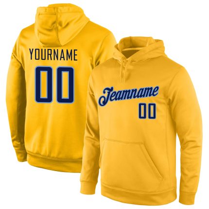 Custom Stitched Sports Hoodie with Gold Navy-Light Blue Design, Personalized Name and Number - Pullover Sweatshirt Personalized