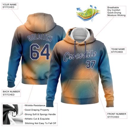Custom Name and Number Sports Hoodie with 3D Pattern in Gold, Navy, Light Blue, and White - Personalized Pullover Sweatshirt