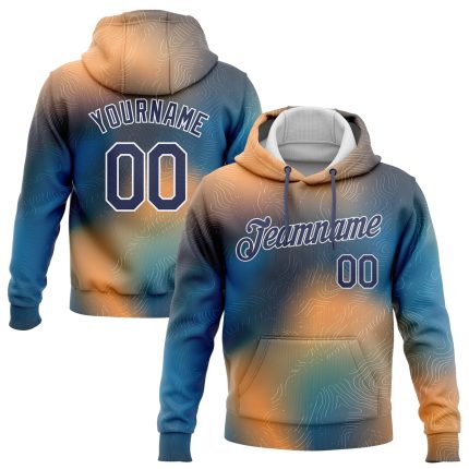 Custom Name and Number Sports Hoodie with 3D Pattern in Gold, Navy, Light Blue, and White - Personalized Pullover Sweatshirt