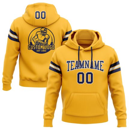 Custom Name Number Personalized Gold Navy White Football Hoodie Pullover Sweatshirt for Team Support Personalized Stitched