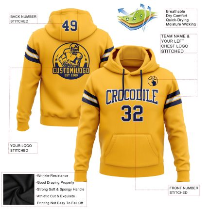 Custom Name Number Personalized Gold Navy White Football Hoodie Pullover Sweatshirt for Team Support Personalized Stitched