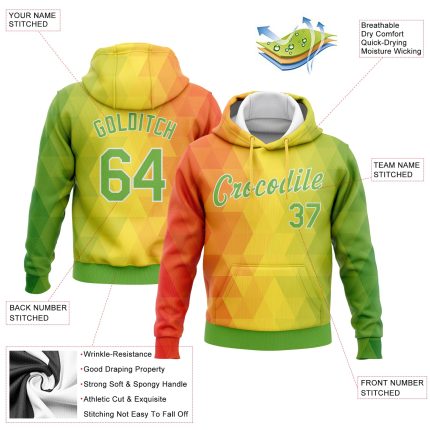 Custom Name and Number 3D Reggae Geometric Pullover Hoodie - Personalized Gold Neon Green Orange-White Sports Sweatshirt