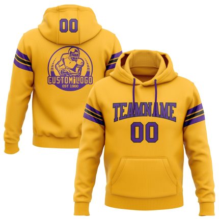 Custom Personalized Hoodie with Stitched Gold Purple-Black Football Design, Team Name & Number Pullover Sweatshirt Personalized