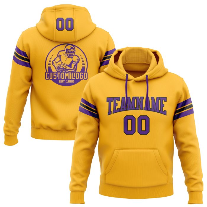 Custom Personalized Hoodie with Stitched Gold Purple-Black Football Design, Team Name & Number Pullover Sweatshirt Personalized
