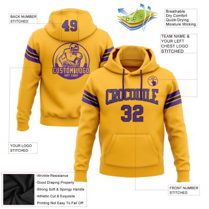 Custom Personalized Hoodie with Stitched Gold Purple-Black Football Design, Team Name & Number Pullover Sweatshirt Personalized
