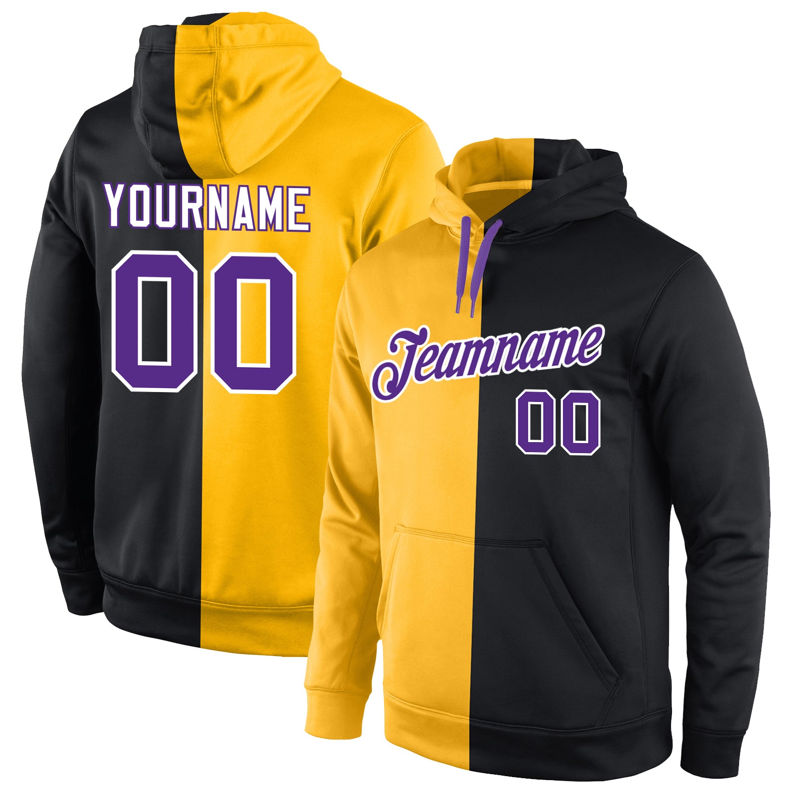 Custom Team Name Number Pullover Hoodie Sweatshirt - Personalized Stitched Gold Purple-Black Fashion Sports Apparel Personalized