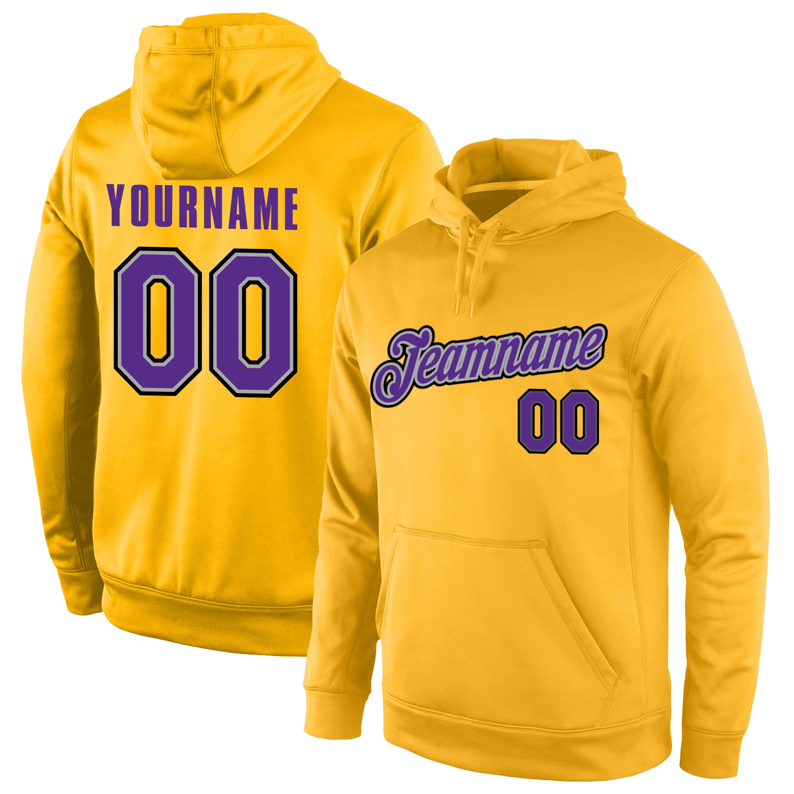 Custom Name Number Sports Hoodie Personalized Stitched Gold Purple Gray Pullover Sweatshirt Personalized Stitched Gold Purple-Gray