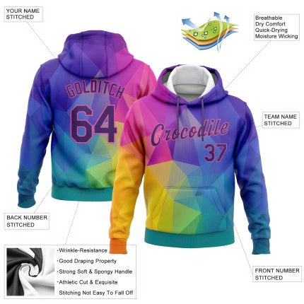 Custom Name Number Sports Hoodie Sweatshirt with Personalized Gold Purple-Pink 3D Abstract Rainbow Pattern Personalized Stitched