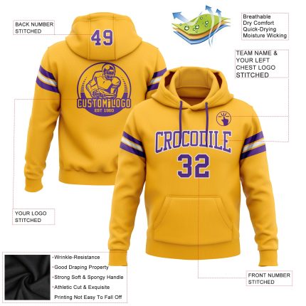 Custom Gold Purple White Football Hoodie with Personalized Name & Number - Stitched Pullover Sweatshirt Personalized Stitched