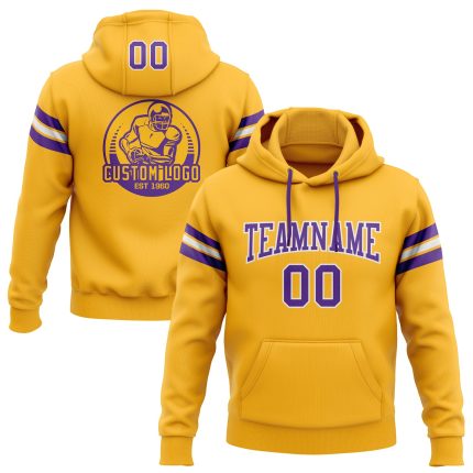 Custom Gold Purple White Football Hoodie with Personalized Name & Number - Stitched Pullover Sweatshirt Personalized Stitched