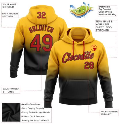 Personalized Gold Red-Black Fade Fashion Hoodie Sweatshirt Pullover for Sports Personalized Stitched Gold Red-Black Fade