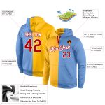 Custom Sports Hoodie with Stitched Name & Number - Gold Red Light Blue Pullover Sweatshirt for Fashion Fans Personalized