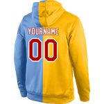 Custom Sports Hoodie with Stitched Name & Number - Gold Red Light Blue Pullover Sweatshirt for Fashion Fans Personalized