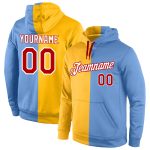 Custom Sports Hoodie with Stitched Name & Number - Gold Red Light Blue Pullover Sweatshirt for Fashion Fans Personalized