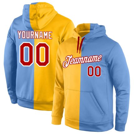 Custom Sports Hoodie with Stitched Name & Number - Gold Red Light Blue Pullover Sweatshirt for Fashion Fans Personalized