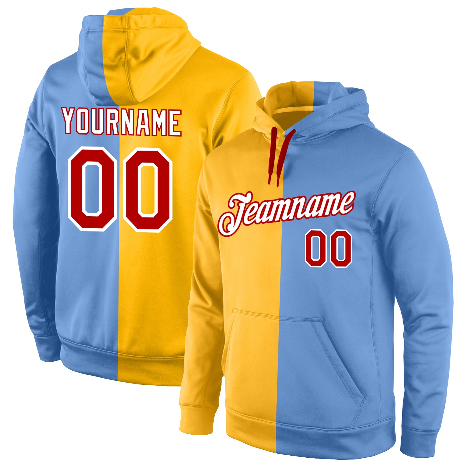 Custom Sports Hoodie with Stitched Name & Number - Gold Red Light Blue Pullover Sweatshirt for Fashion Fans Personalized