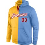 Custom Sports Hoodie with Stitched Name & Number - Gold Red Light Blue Pullover Sweatshirt for Fashion Fans Personalized