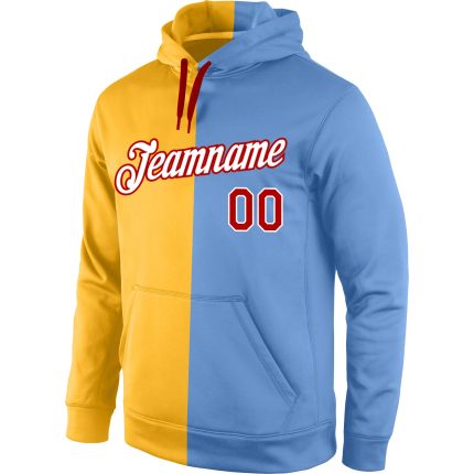 Custom Sports Hoodie with Stitched Name & Number - Gold Red Light Blue Pullover Sweatshirt for Fashion Fans Personalized