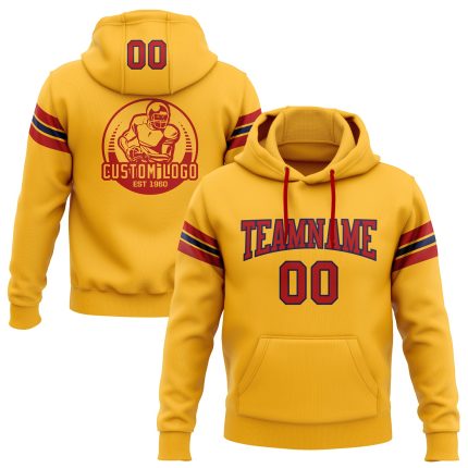 Customizable Gold Red-Navy Football Hoodie with Stitched Name & Number - Personalized Pullover Sweatshirt Personalized Stitched