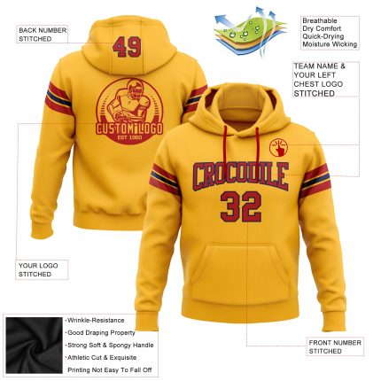 Customizable Gold Red-Navy Football Hoodie with Stitched Name & Number - Personalized Pullover Sweatshirt Personalized Stitched