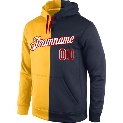 Custom Name Number Sports Hoodie Pullover Sweatshirt Gold Red-Navy Split Fashion Personalized Stitched Gold Red-Navy Split