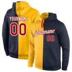 Custom Name Number Sports Hoodie Pullover Sweatshirt Gold Red-Navy Split Fashion Personalized Stitched Gold Red-Navy Split