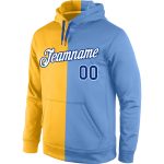 Custom Name Number Sports Hoodie Pullover Sweatshirt in Gold Royal Light Blue - Personalized Stitched Team Apparel Personalized