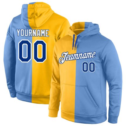 Custom Name Number Sports Hoodie Pullover Sweatshirt in Gold Royal Light Blue - Personalized Stitched Team Apparel Personalized