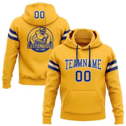 Custom Name and Number Gold Royal-White Football Hoodie for Team - Personalized Stitched Pullover Sweatshirt Personalized