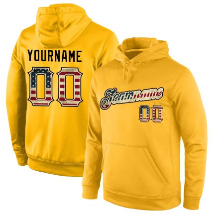 Custom Name Number Vintage USA Flag Cream Pullover Hoodie Stitched Gold Sports Sweatshirt Personalized Stitched Gold Vintage