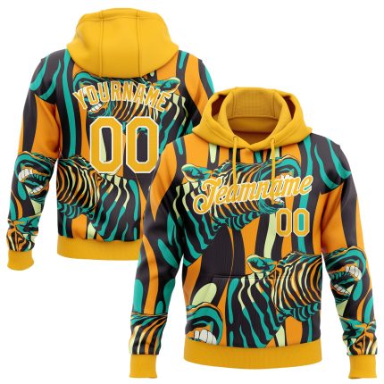 Custom Name and Number Zebra Sports Hoodie Sweatshirt with Personalized Stitched Gold-White 3D Pattern Design Personalized