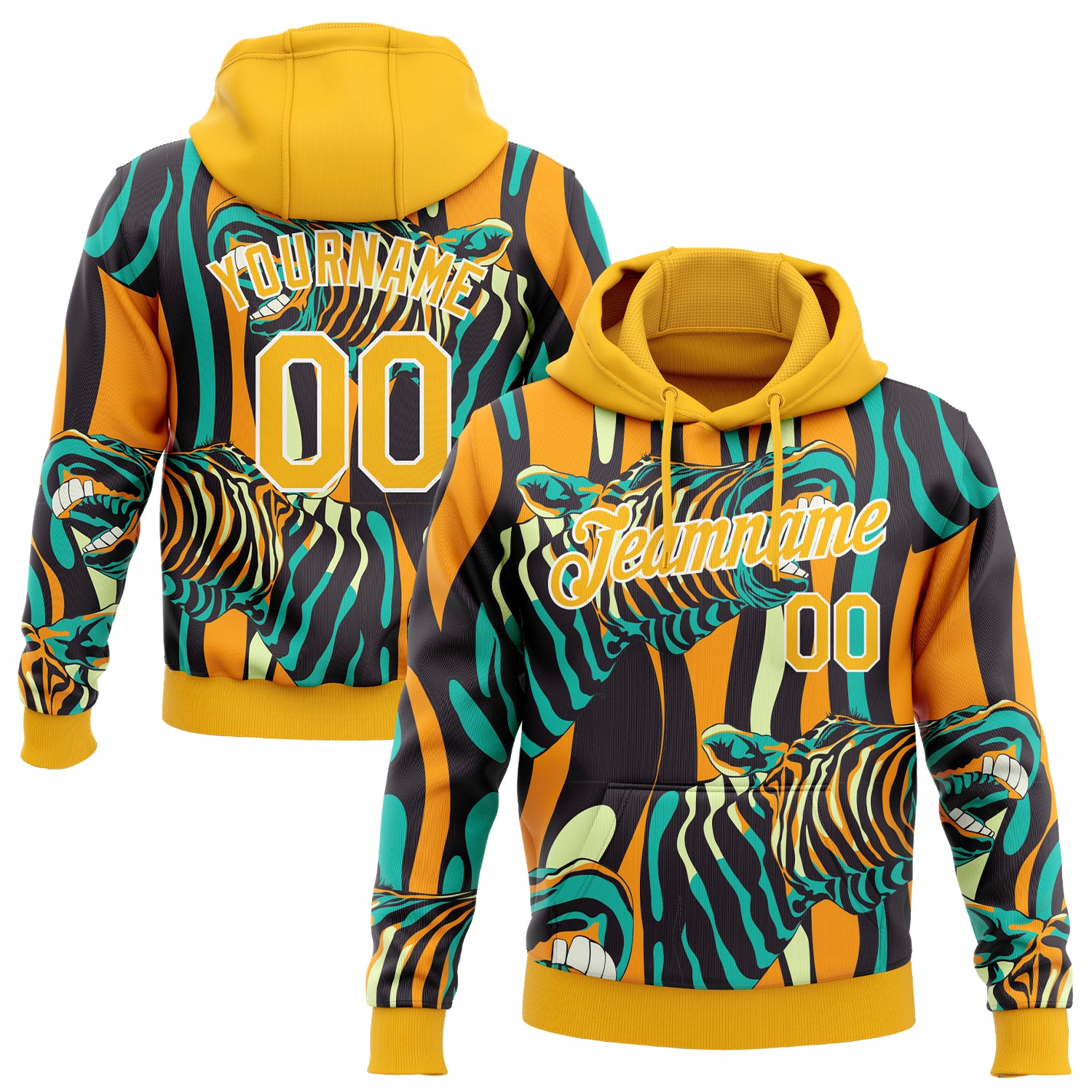 Custom Name and Number Zebra Sports Hoodie Sweatshirt with Personalized Stitched Gold-White 3D Pattern Design Personalized