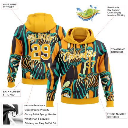 Custom Name and Number Zebra Sports Hoodie Sweatshirt with Personalized Stitched Gold-White 3D Pattern Design Personalized
