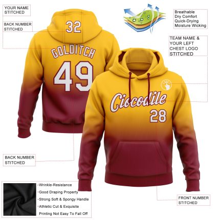 Custom Name Number Sports Hoodie - Personalized Stitched Gold White Crimson Fade Pullover Sweatshirt Personalized Stitched