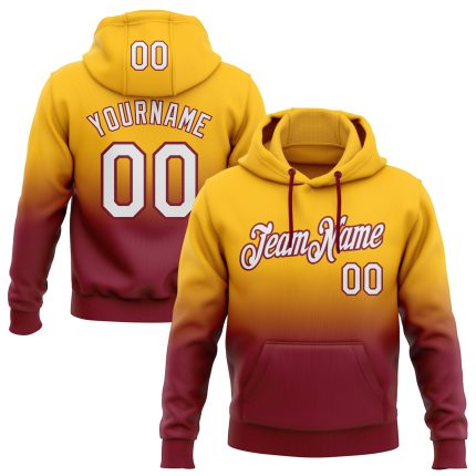 Custom Name Number Sports Hoodie - Personalized Stitched Gold White Crimson Fade Pullover Sweatshirt Personalized Stitched