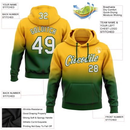 Personalized Gold Fade Sports Hoodie Sweatshirt with White and Green Stitched Design Personalized Stitched Gold White-Green