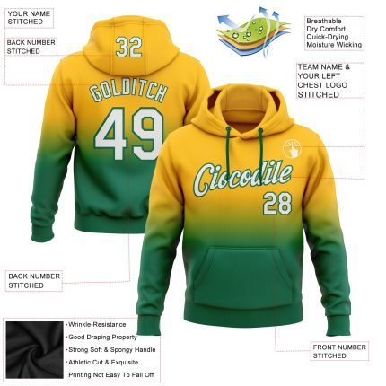 Custom Personalized Gold White-Kelly Green Fade Sports Hoodie Sweatshirt with Team Name and Number Personalized Stitched