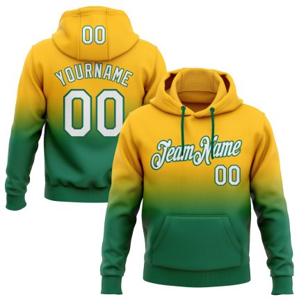 Custom Personalized Gold White-Kelly Green Fade Sports Hoodie Sweatshirt with Team Name and Number Personalized Stitched