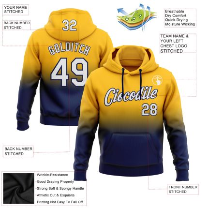 Custom Stitched Hoodie with Name and Number - Gold White-Navy Fade Fashion Sports Pullover Sweatshirt Personalized Stitched