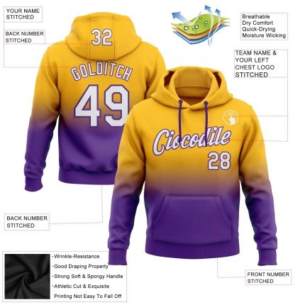 Custom Name Number Pullover Hoodie - Personalized Gold White Purple Fade Fashion Sports Sweatshirt Personalized Stitched