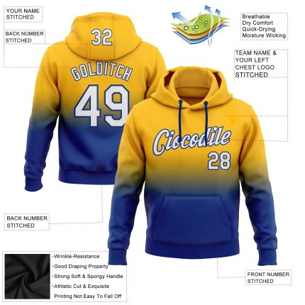 Custom Name Number Stitched Hoodie - Personalized Gold White-Royal Fade Fashion Sports Pullover Sweatshirt Personalized Stitched