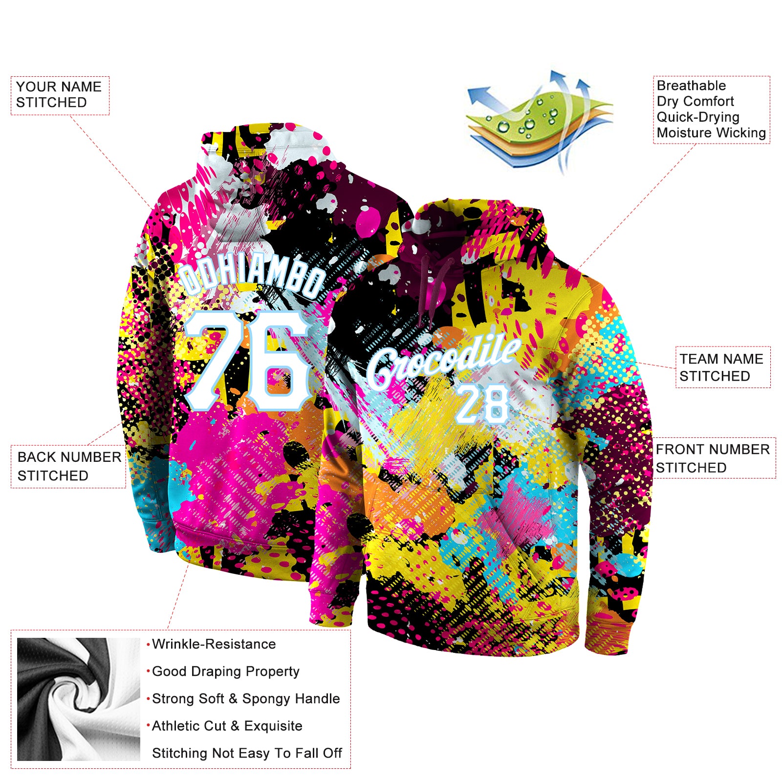 Personalized Stitched Graffiti Bright Psychedelic Pattern White-Light Blue 3D Sports Pullover Sweatshirt Hoodie Team Custom Name and Number Custom Name and Number Bright Psychedelic 3D Hoodie - Personalized Stitched Graffiti Sports Pullover Sweatshirt in White-Light Blue - Image 4
