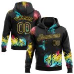 Custom Name and Number 3D Sports Hoodie Pullover Sweatshirt with Graffiti Pattern in Black and Gold Personalized Stitched