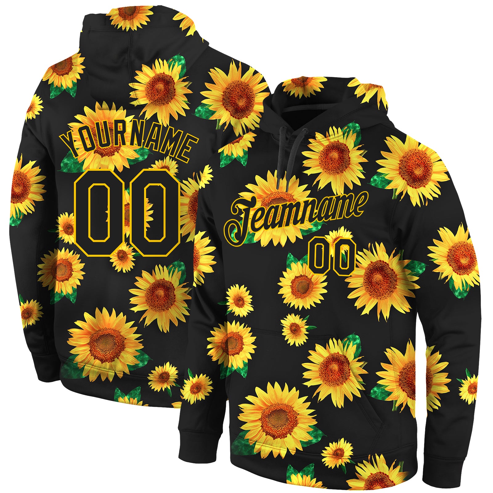 Custom Name Number Sports Hoodie Black Gold 3D Sunflowers Stitched Graffiti Pattern Pullover Sweatshirt Personalized Stitched