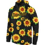 Custom Name Number Sports Hoodie Black Gold 3D Sunflowers Stitched Graffiti Pattern Pullover Sweatshirt Personalized Stitched