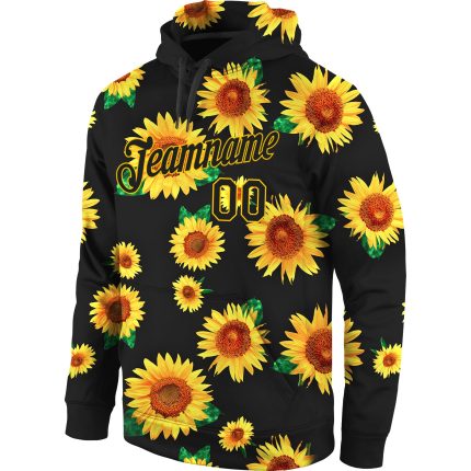 Custom Name Number Sports Hoodie Black Gold 3D Sunflowers Stitched Graffiti Pattern Pullover Sweatshirt Personalized Stitched