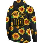 Custom Name Number Sports Hoodie Black Gold 3D Sunflowers Stitched Graffiti Pattern Pullover Sweatshirt Personalized Stitched