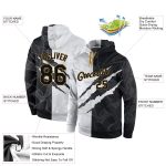 Custom Name and Number 3D Sports Hoodie - Black Old Gold Stitched Graffiti Pattern Pullover Sweatshirt Personalized Stitched