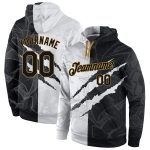 Custom Name and Number 3D Sports Hoodie - Black Old Gold Stitched Graffiti Pattern Pullover Sweatshirt Personalized Stitched