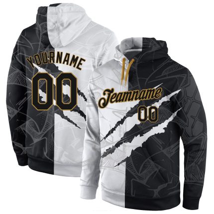 Custom Name and Number 3D Sports Hoodie - Black Old Gold Stitched Graffiti Pattern Pullover Sweatshirt Personalized Stitched